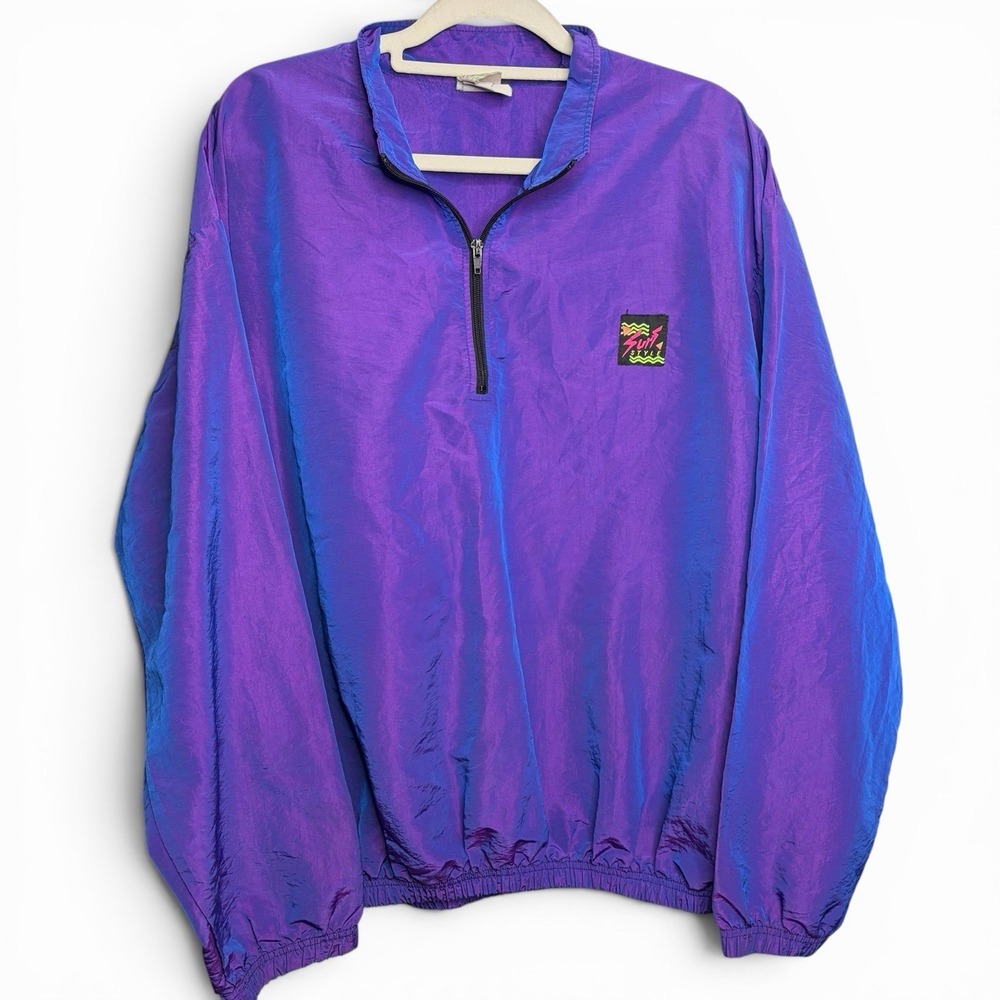 Vintage 90s Surf Style Iridescent Purple  1/4 Zip Windbreaker Jacket Mens XL USA